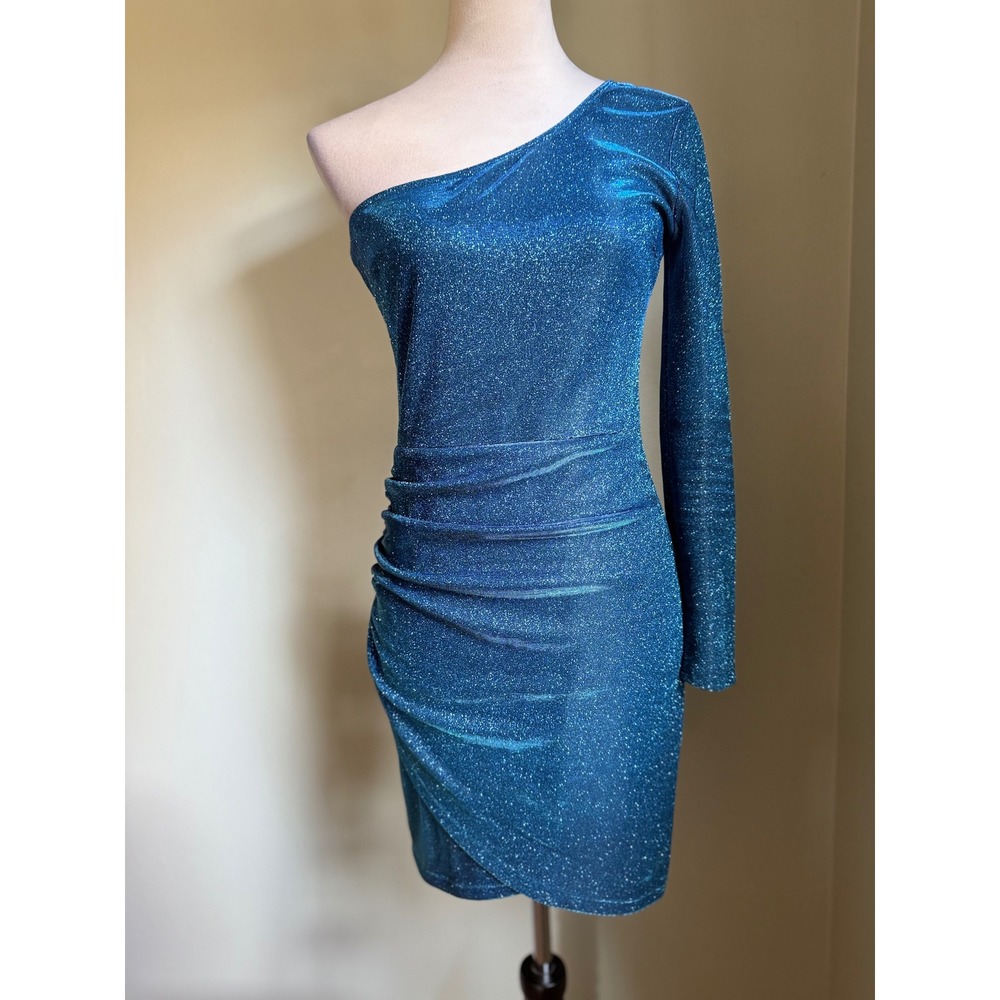 Y2K‎  Blue Glitter One Shoulder Bodycon Mini fairy sparkle medium Dress mermaid